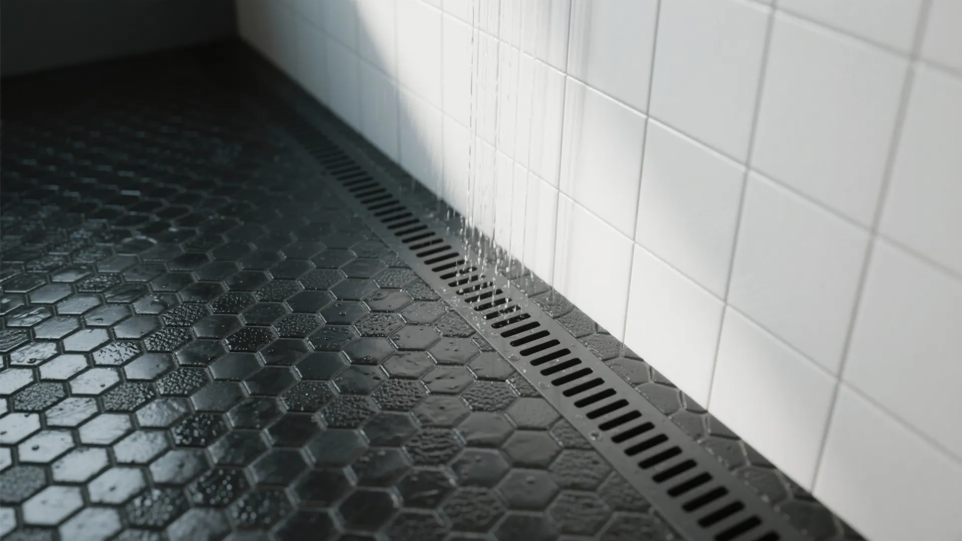 Black hexagon shower floor tiles with water flowing into a long metal floor drain system