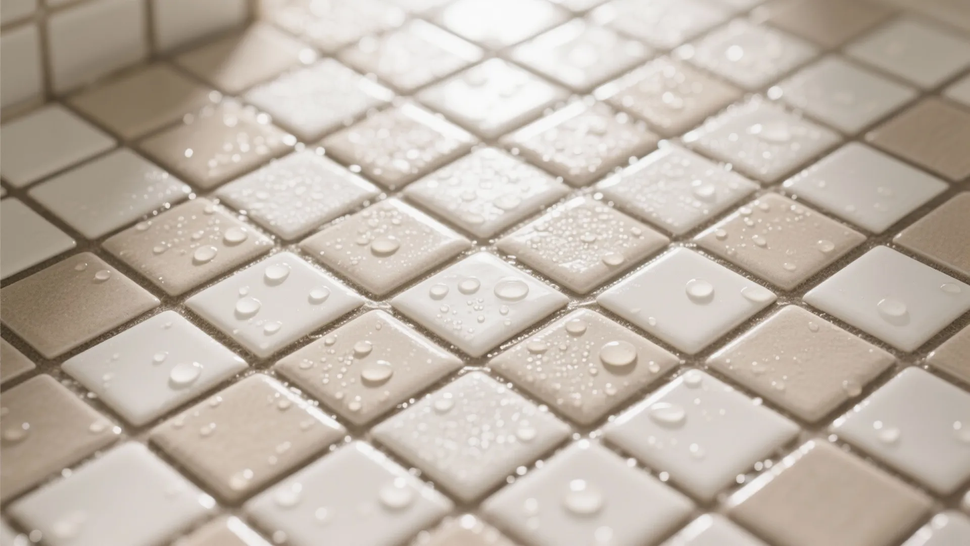 Small square beige and white bathroom floor tiles covered in many fresh droplets of water