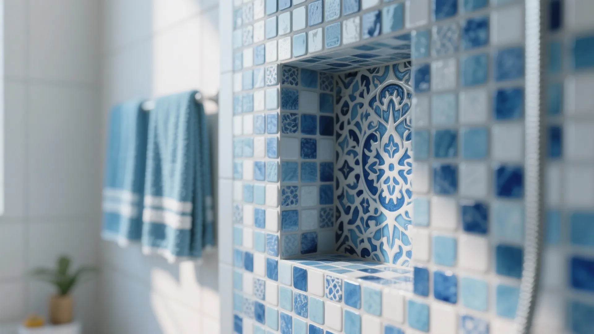 Blue and white mosaic tile shower niche with patterned center wall and hanging blue towels