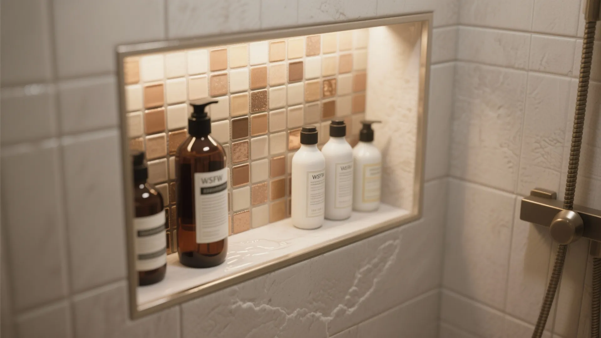 Recessed wall shelf with mosaic tiles holding five soap bottles under warm bathroom light fixture