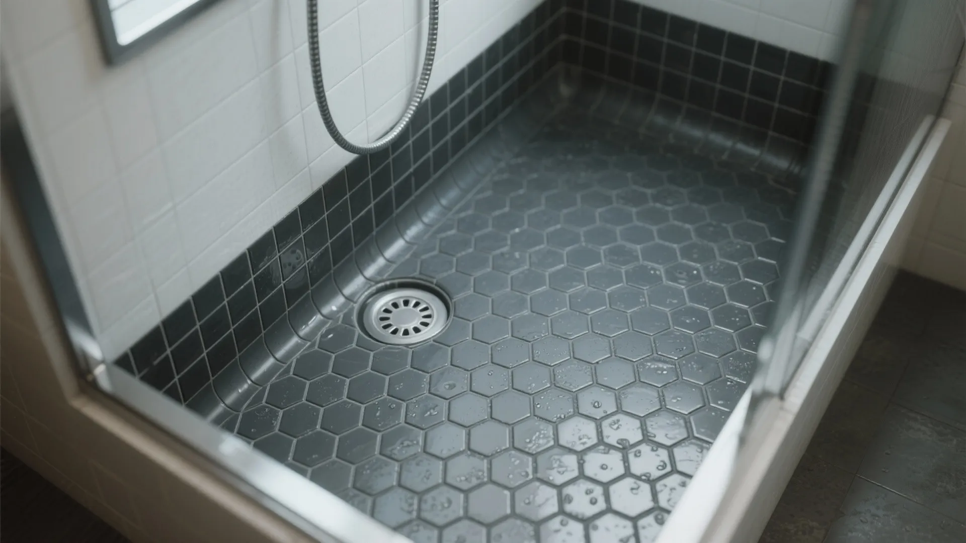 Modern bathroom shower area featuring dark grey hexagon floor tiles and a round metal drain
