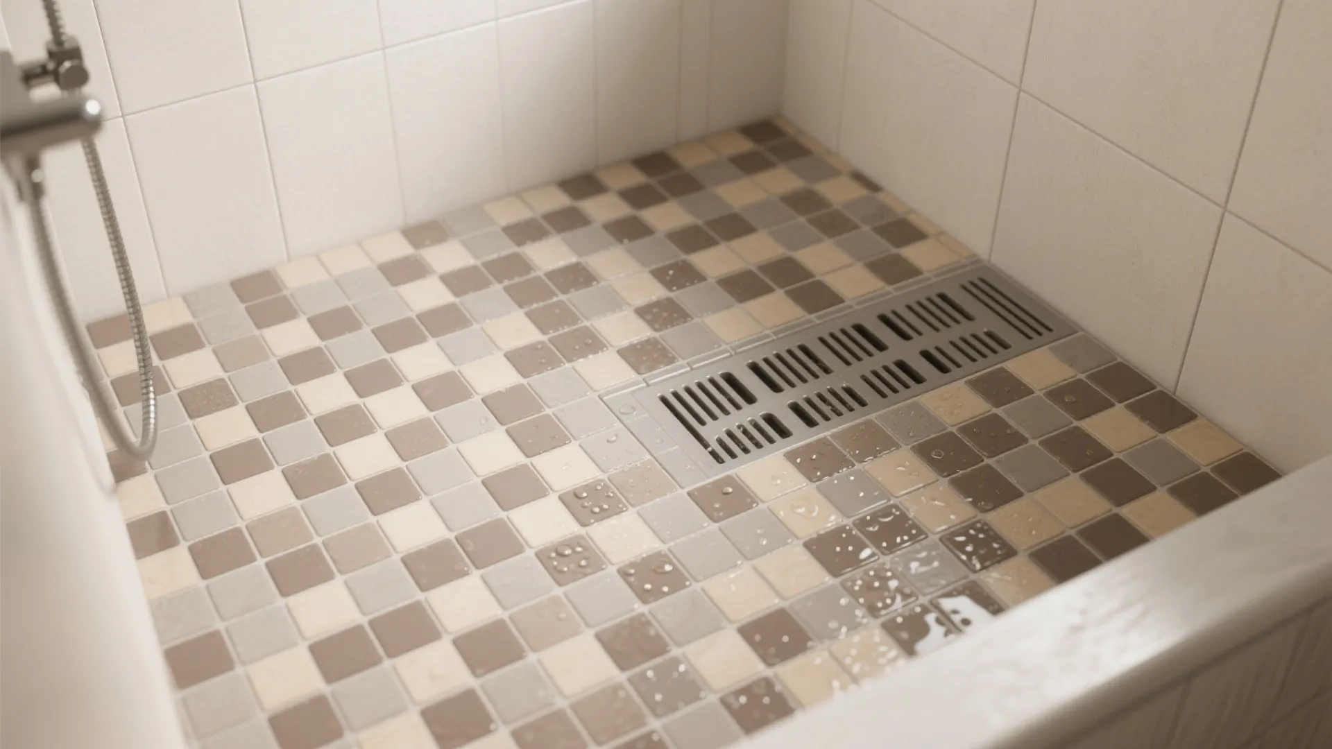 Close up of shower floor with small brown mosaic tiles drain cover and white wall tiles
