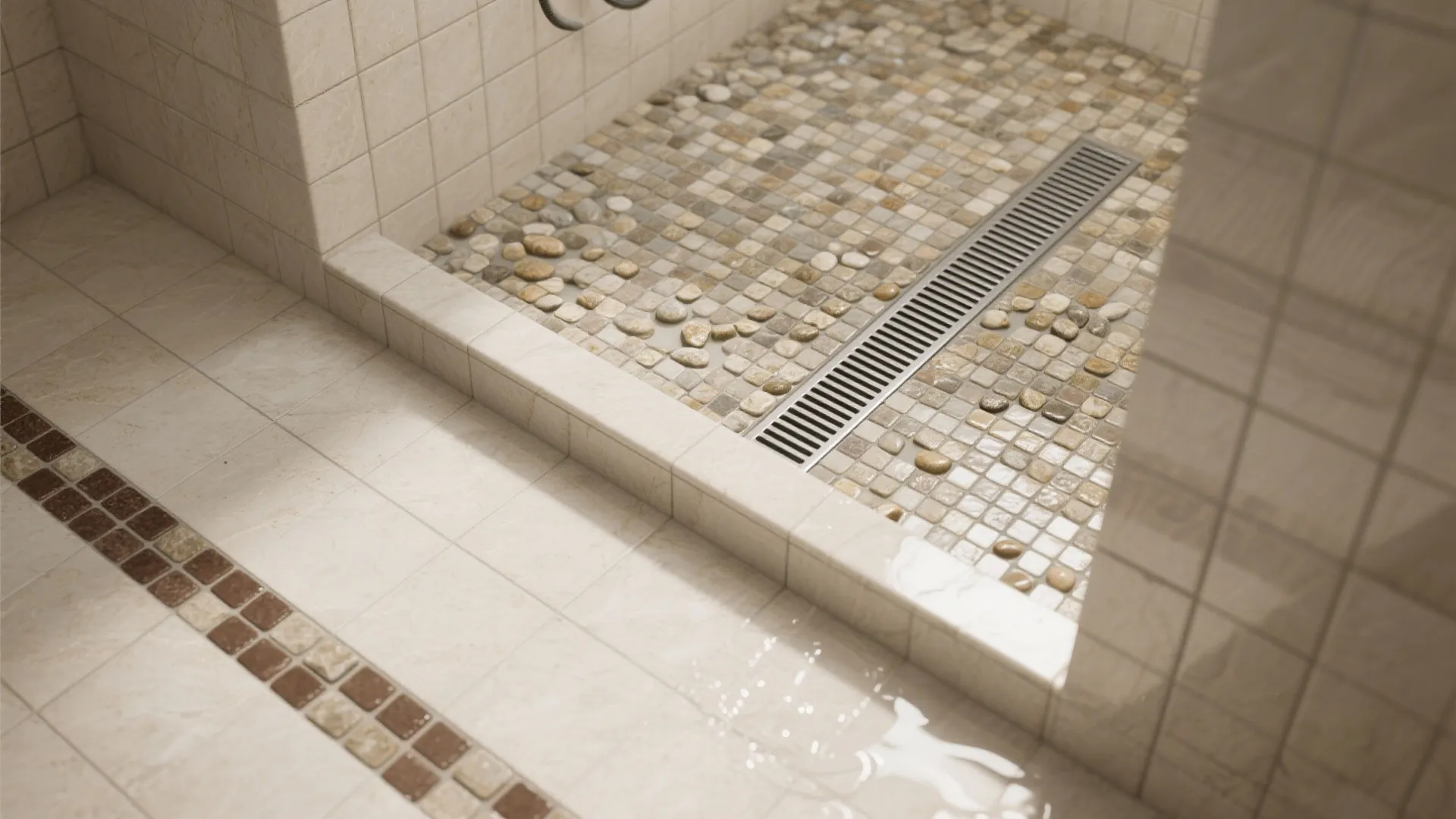 Close up of shower floor with small stone tiles metal drain and beige square wall tiles