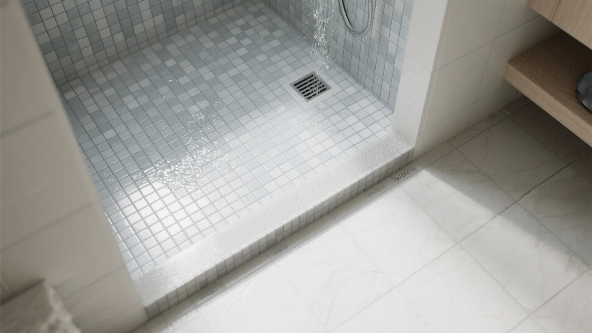 Modern shower room with small blue floor tiles and water flowing into a square floor drain