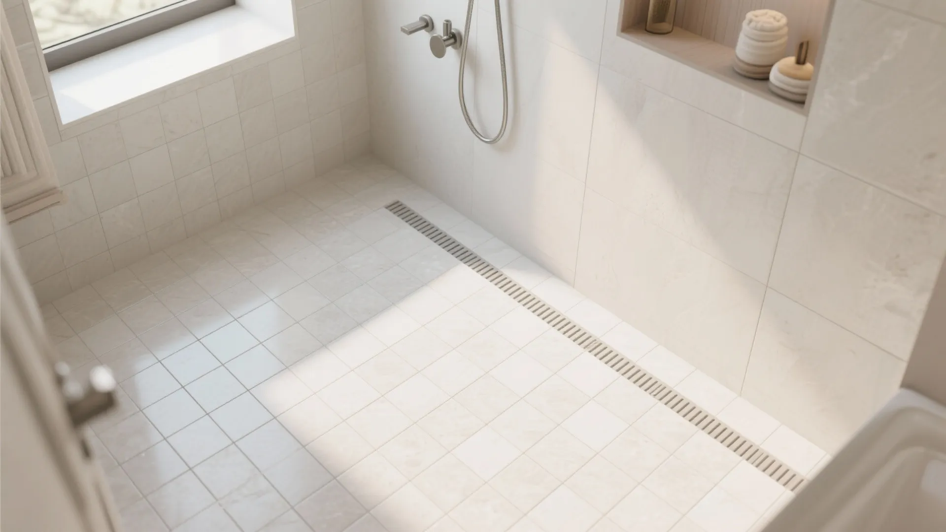 Modern shower area with white wall tiles small square floor tiles long drain and shelf