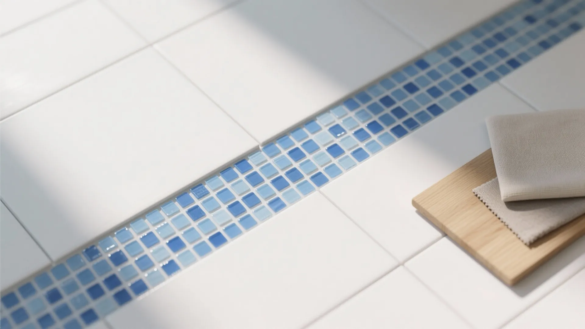 White floor tiles with blue mosaic border strip next to wood block and fabric sample