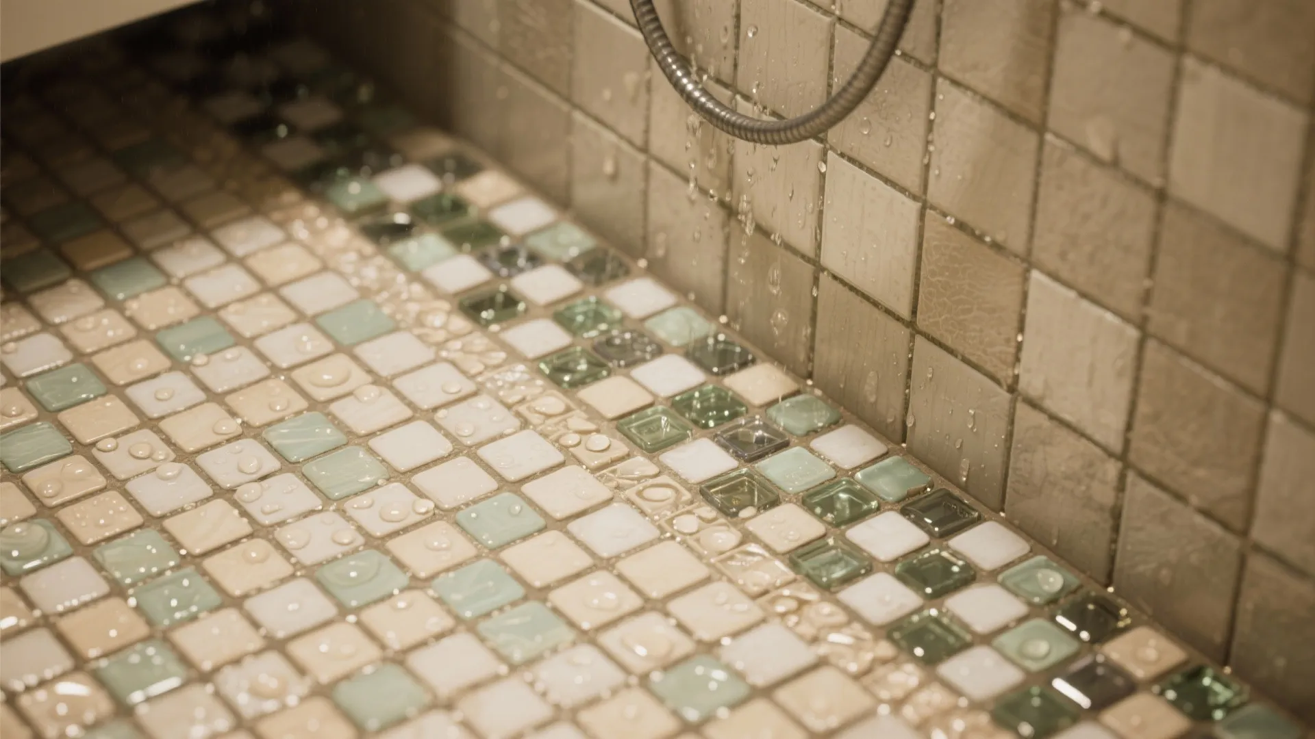 Close up of small colorful mosaic wall tiles in a bathroom with water droplets on them
