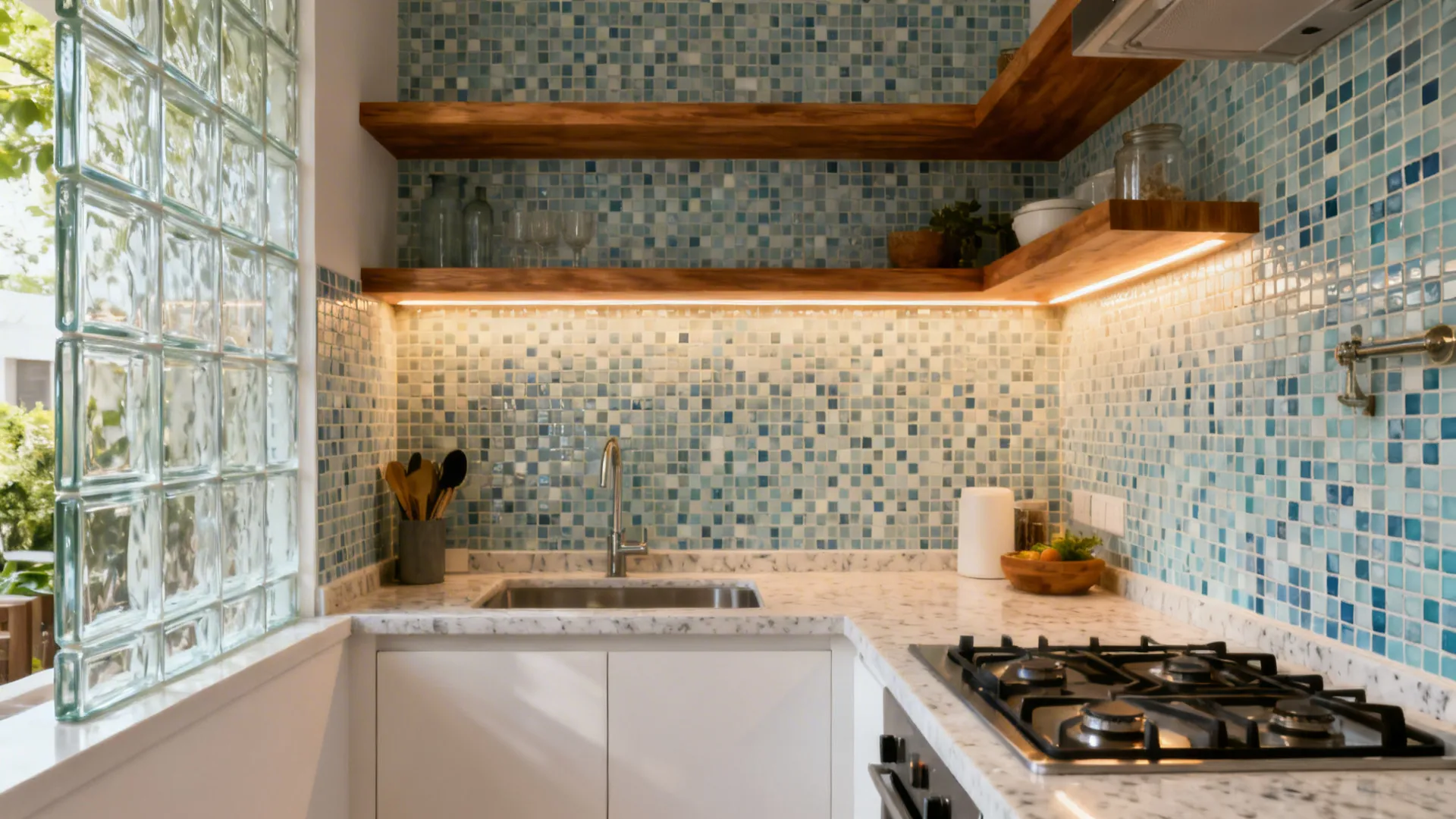 Small kitchen with layered lighting and mosaic surfaces combining porcelain, glass, and warm wood.