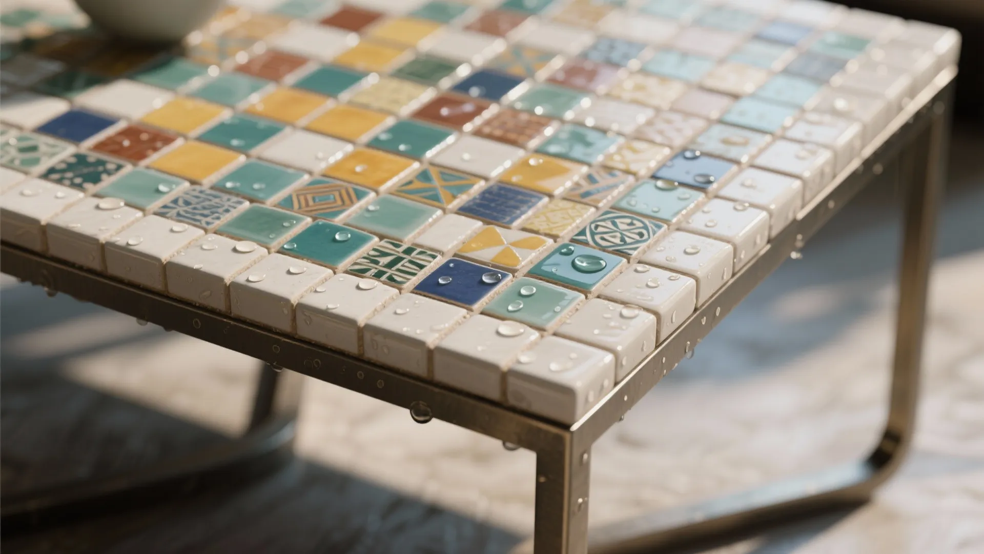 Close-up of a sealed mosaic tile coffee table top with waterproof grout and metal base visible below.