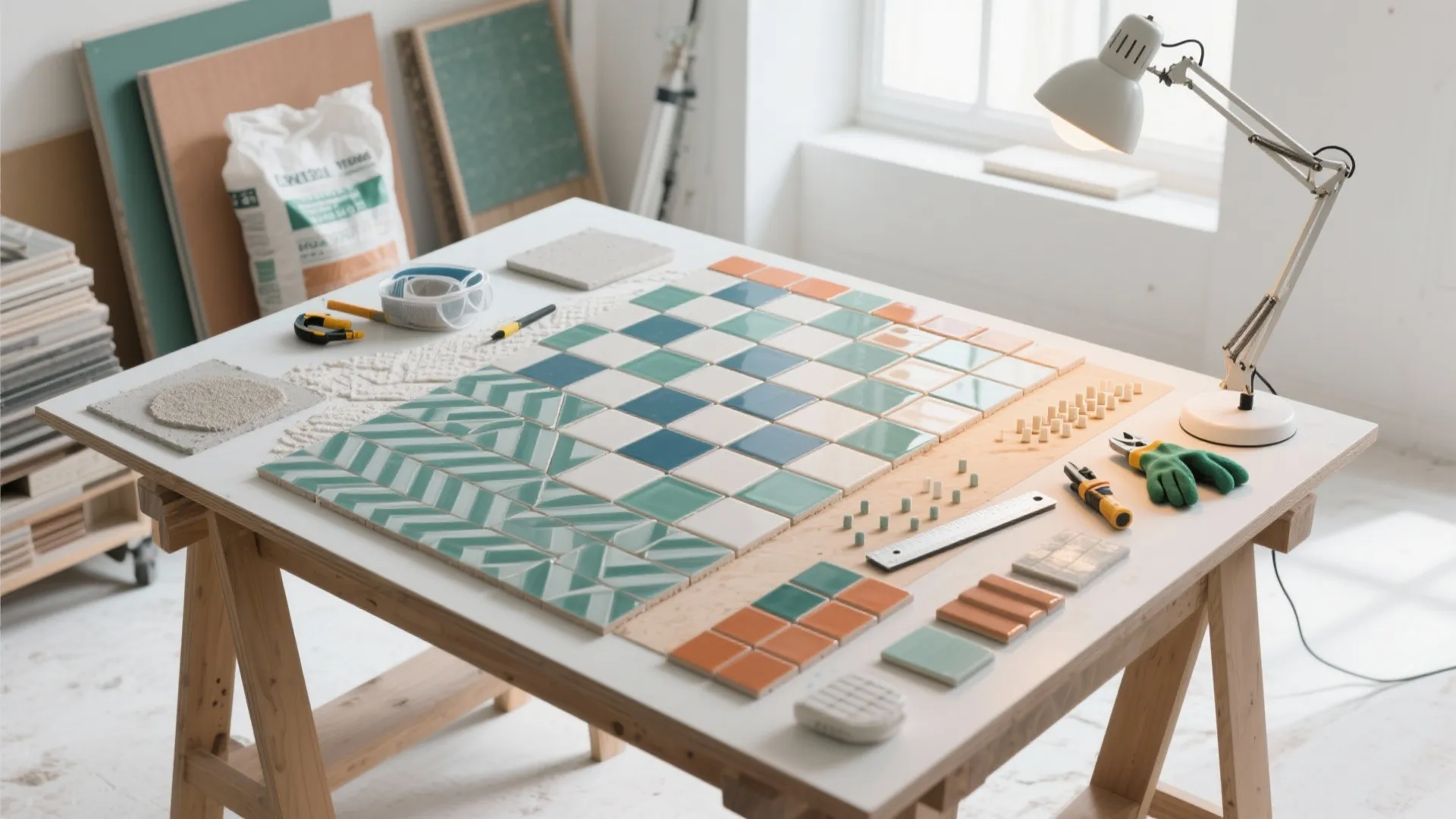 Colorful square tiles arranged on a white work table with tools and a desk lamp