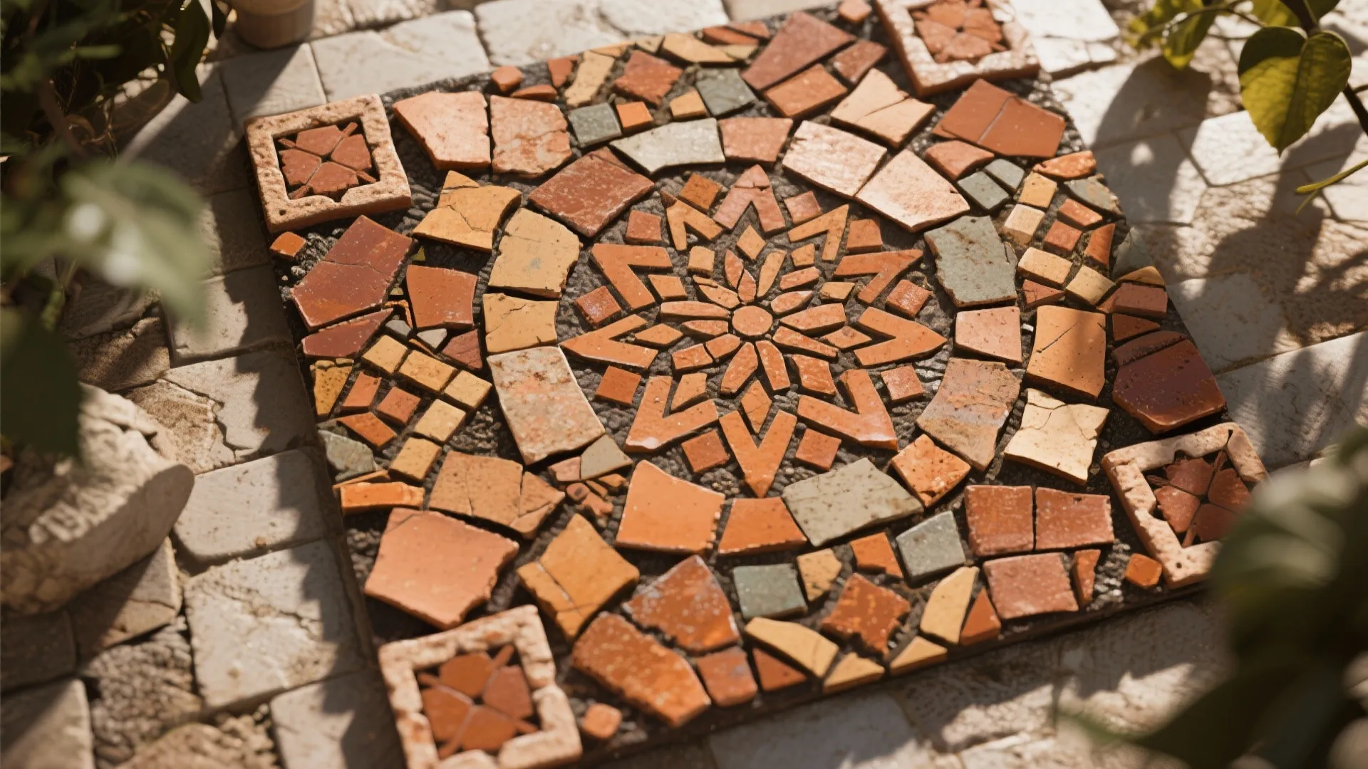 Close up of a square floor tile with orange and brown broken pieces forming patterns
