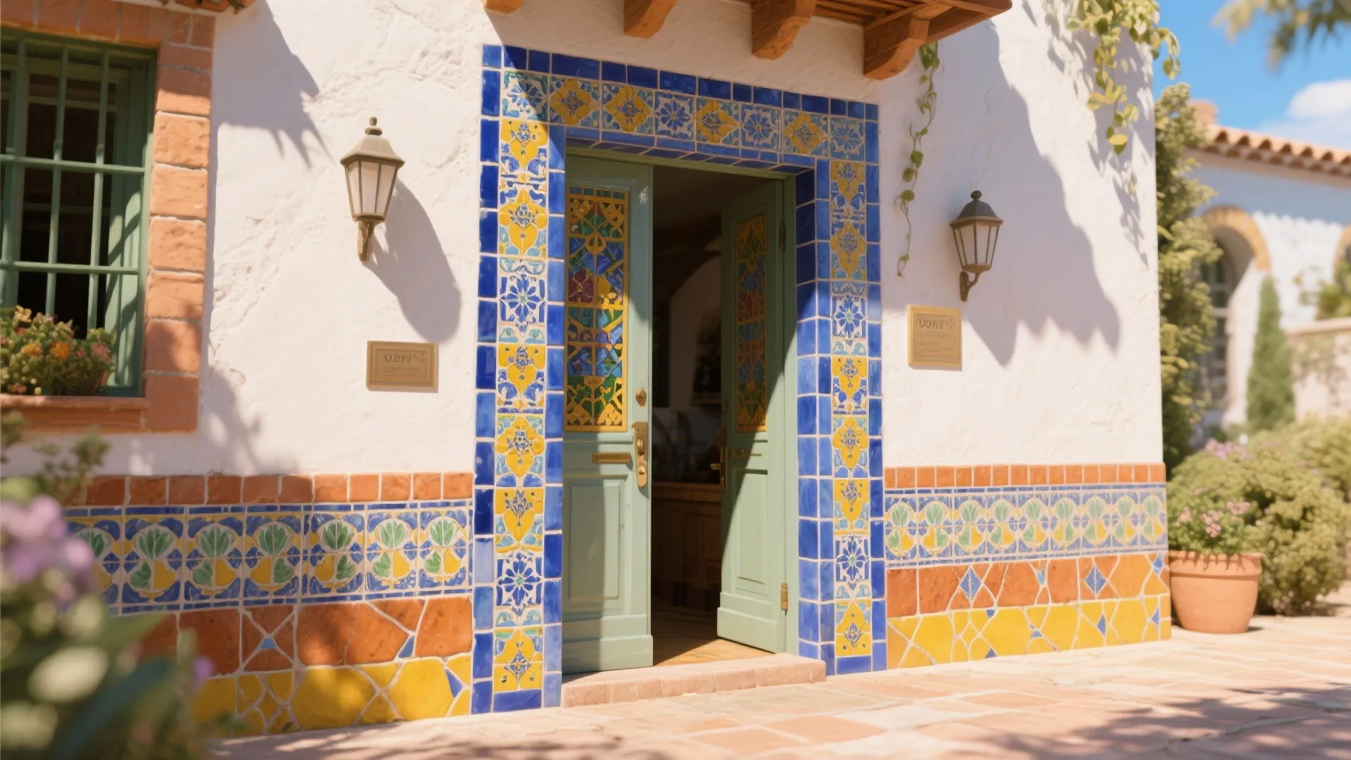 Doorway framed with colorful Mediterranean-Latin mosaic tiles
