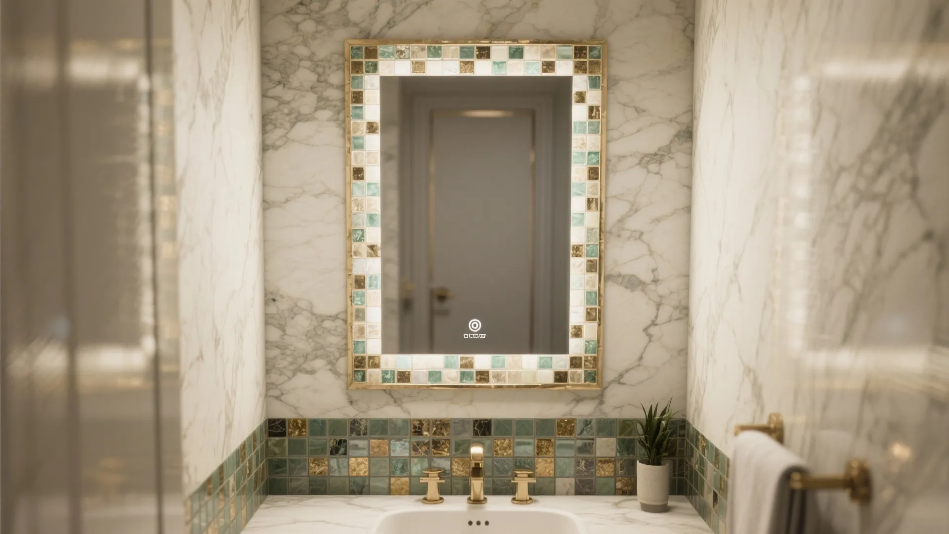 Modern bathroom vanity with colorful mosaic tile mirror border marble walls and gold faucet handle