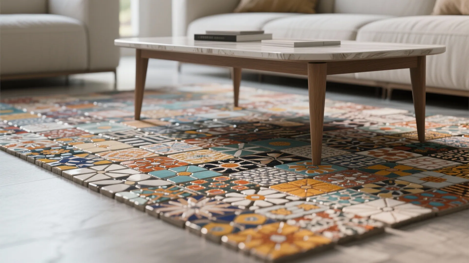 Close up view of colorful patterned floor tiles under a wooden coffee table in room