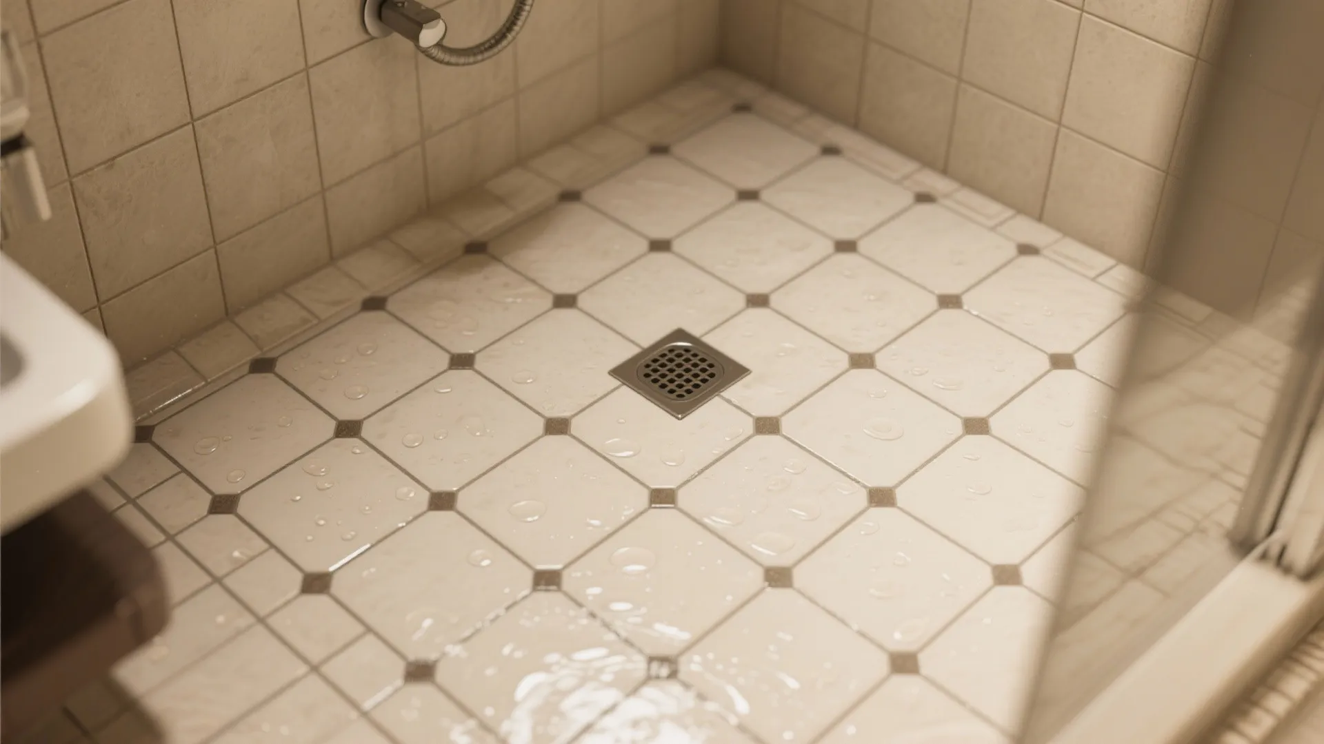 Bathroom shower floor with small square tiles water drops and a silver square metal drain