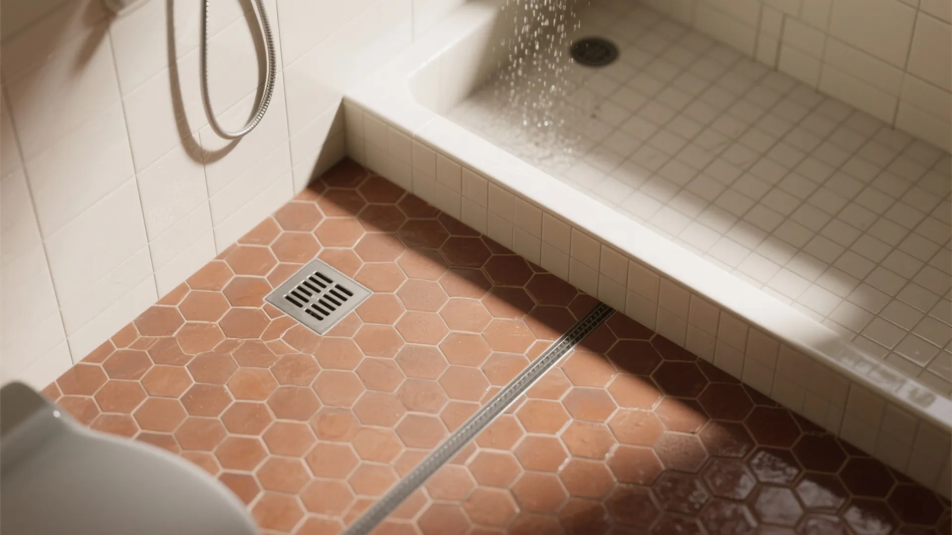Top view of orange hexagon floor tiles next to a white walk in shower area