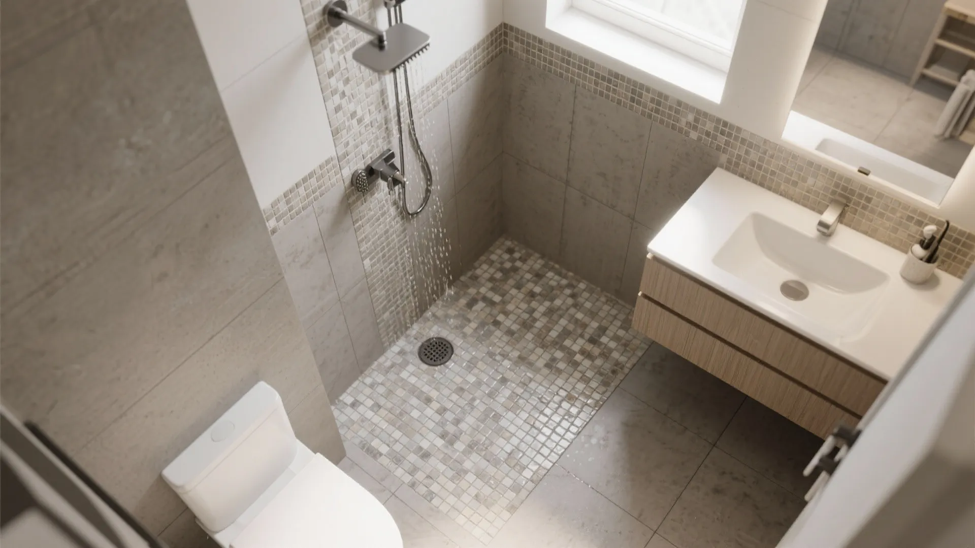 Mosaic grip zones in showers and around vanities