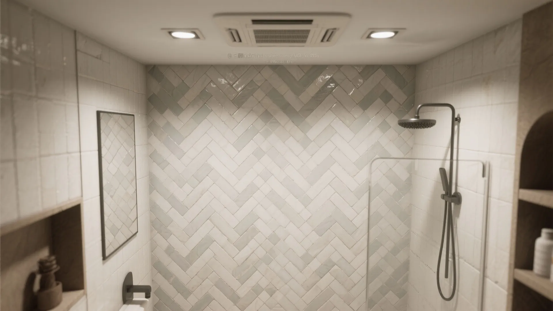 Shower area with herringbone tile wall pattern glass partition light fixture and black shower head
