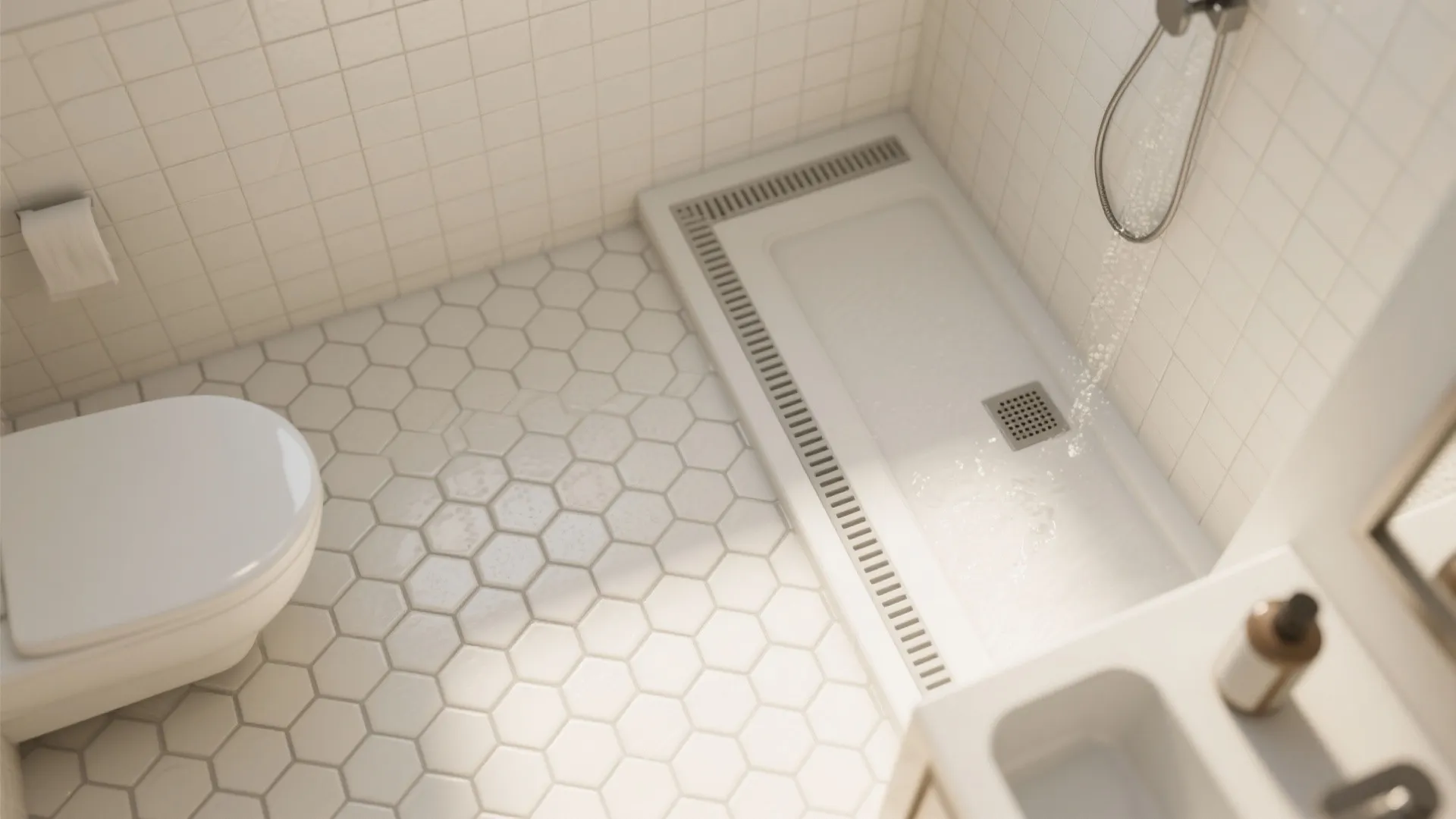Top-down view of 1–2 inch matte hex mosaic bathroom floor with linear drain and micro-grip grout grid.