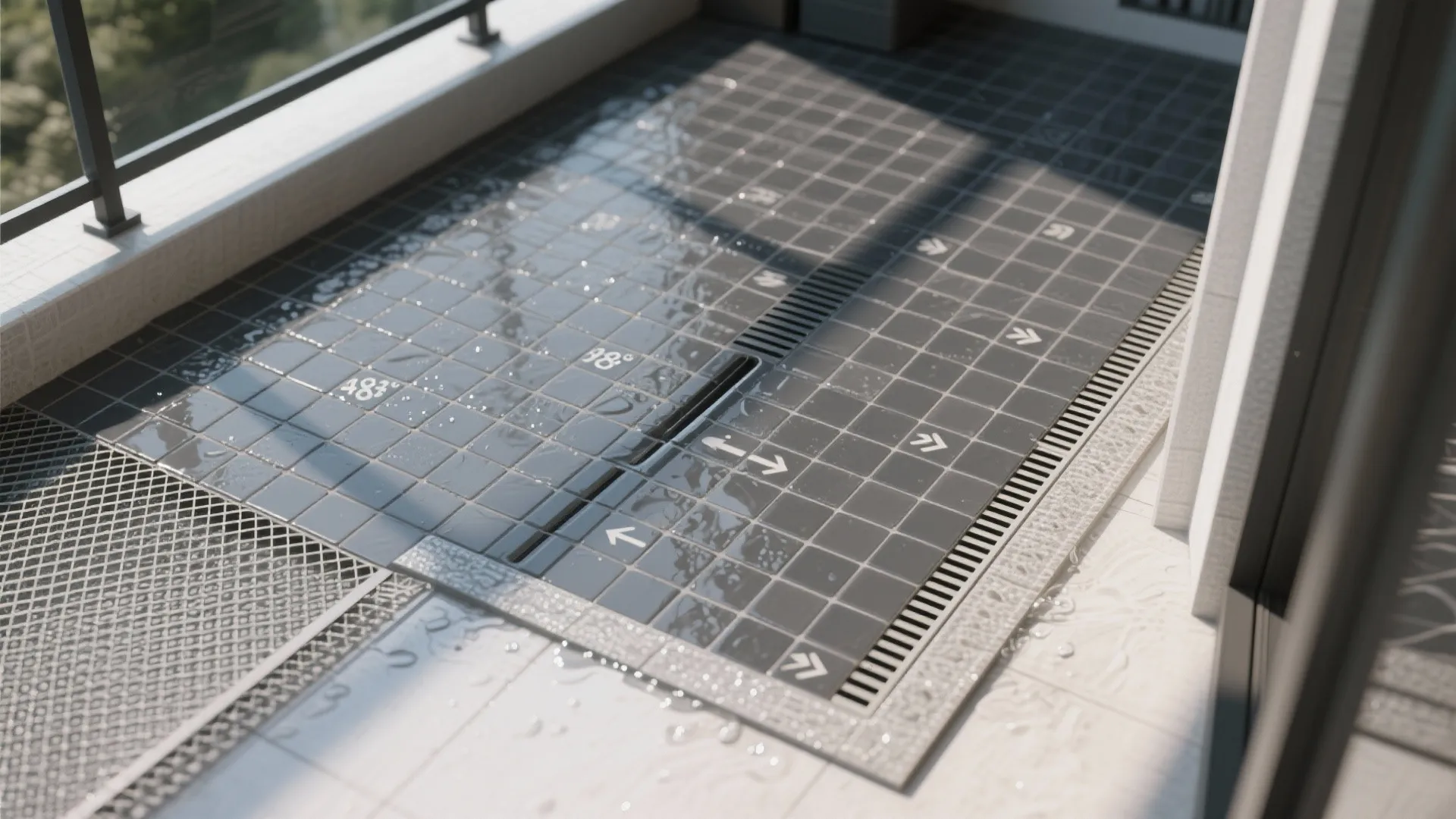 Top-down mosaic sheet layout with slope arrows, linear drain, and threshold trim for wet-use balcony.