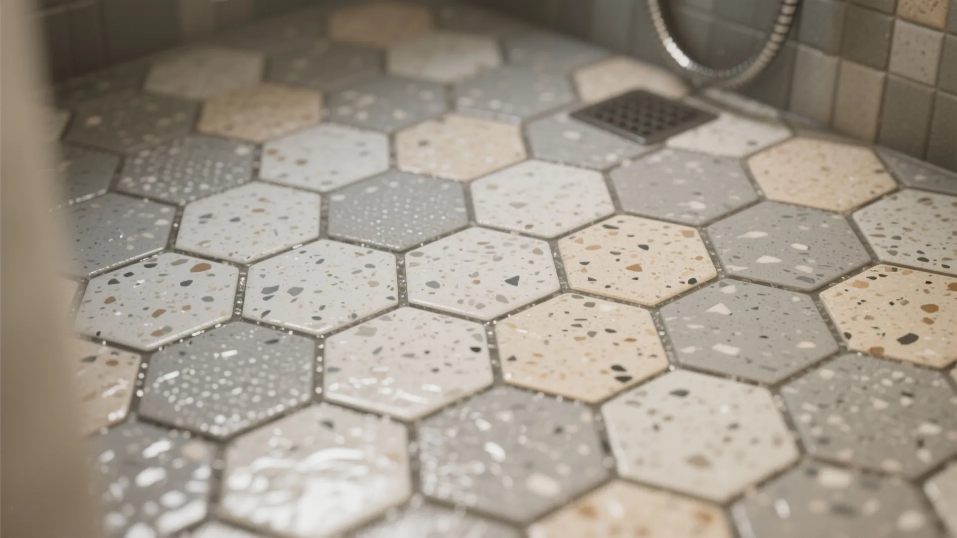 Hexagonal floor tiles in grey and beige colors with a non slip texture for bathrooms