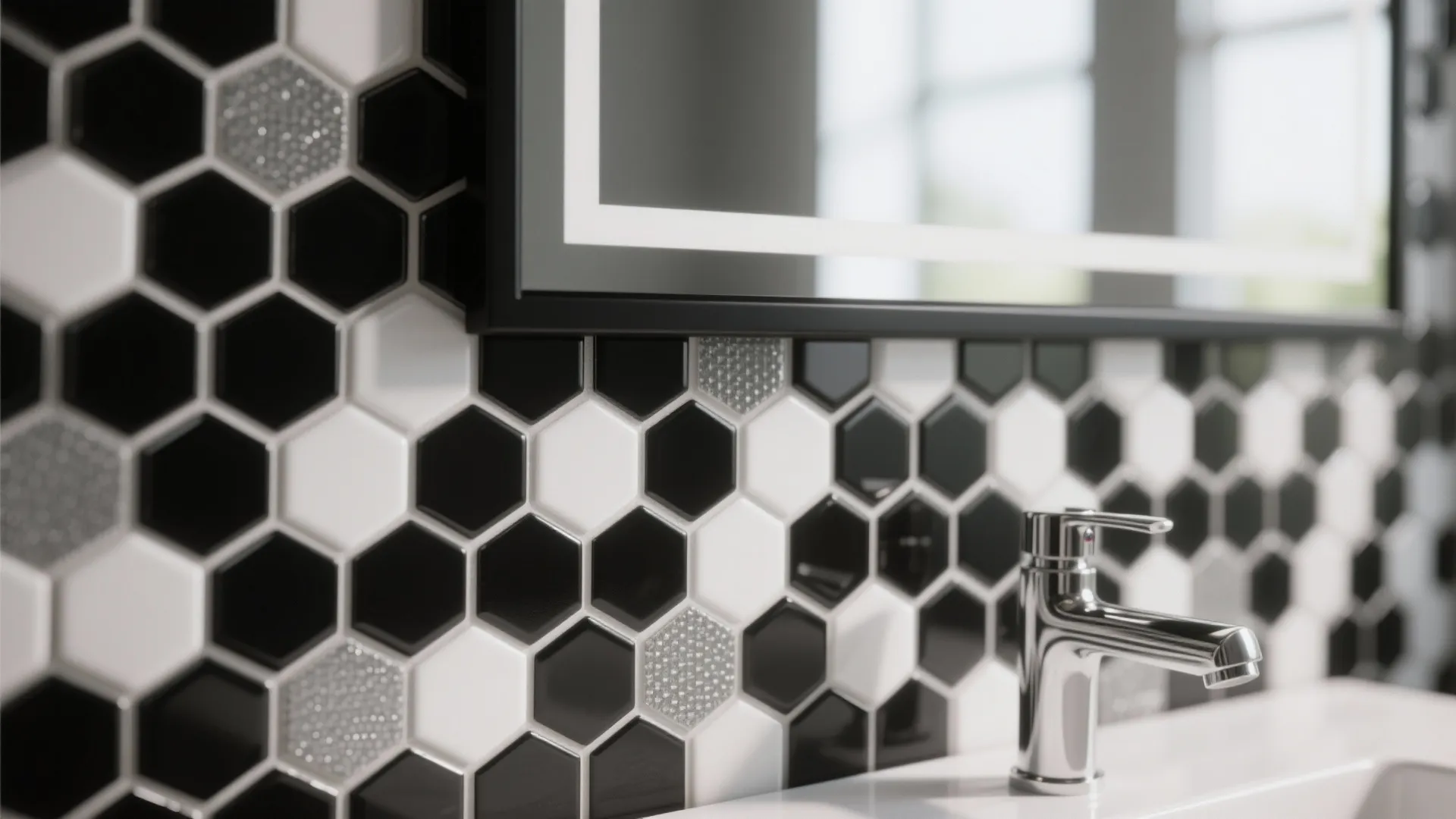 Monochrome Mosaic Feature Wall Behind the Vanity