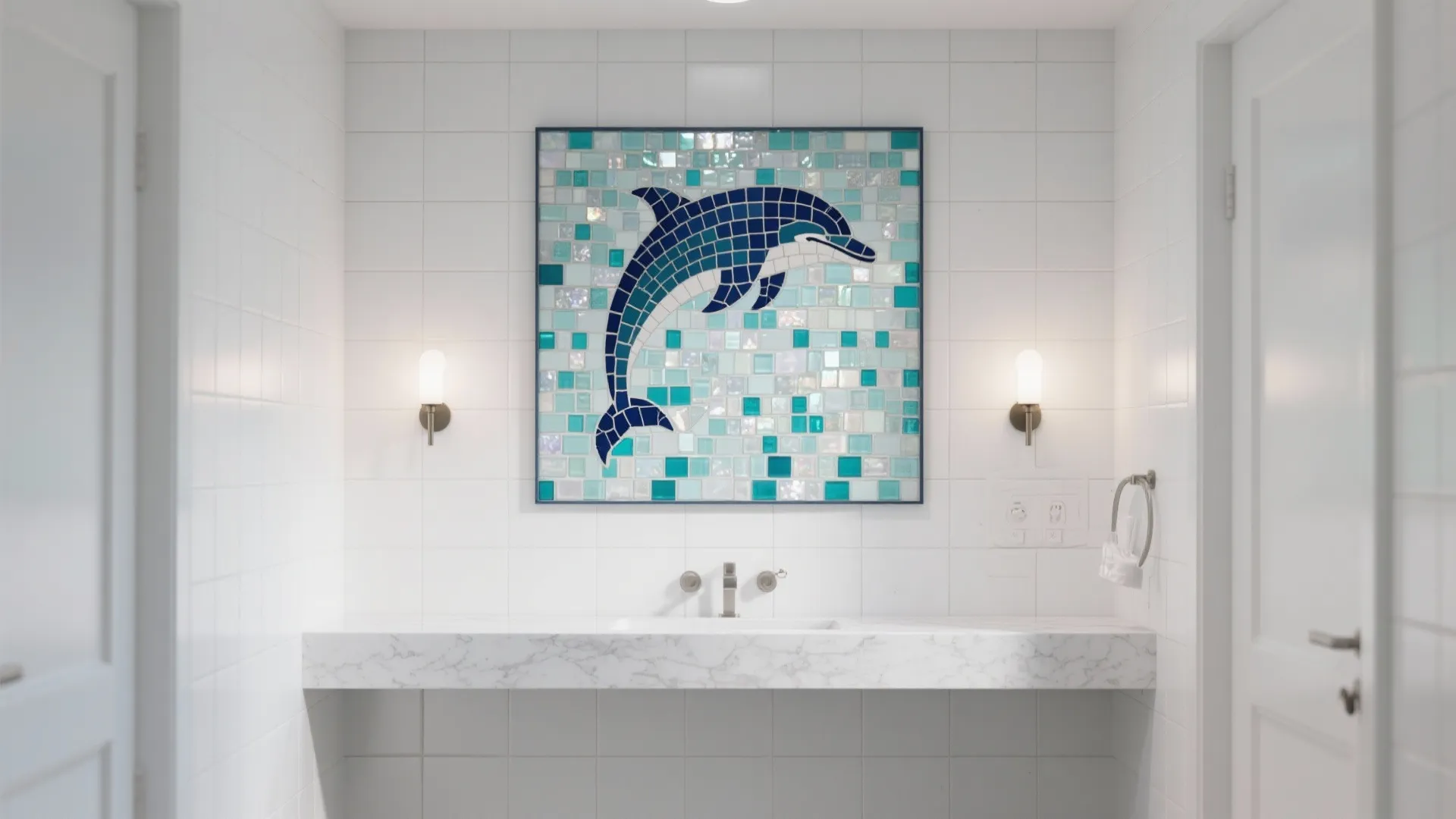 Bathroom interior with a dolphin mosaic tile artwork above a white marble floating sink counter