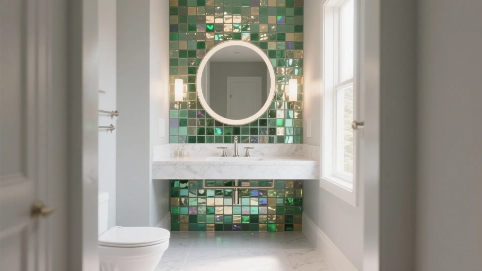 Modern bathroom with green mosaic wall tiles, round mirror with light, white sink, and toilet