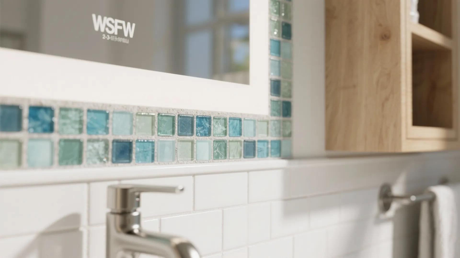 Close-up of a slim recycled glass mosaic border framing a bathroom mirror with neutral grout in soft daylight.