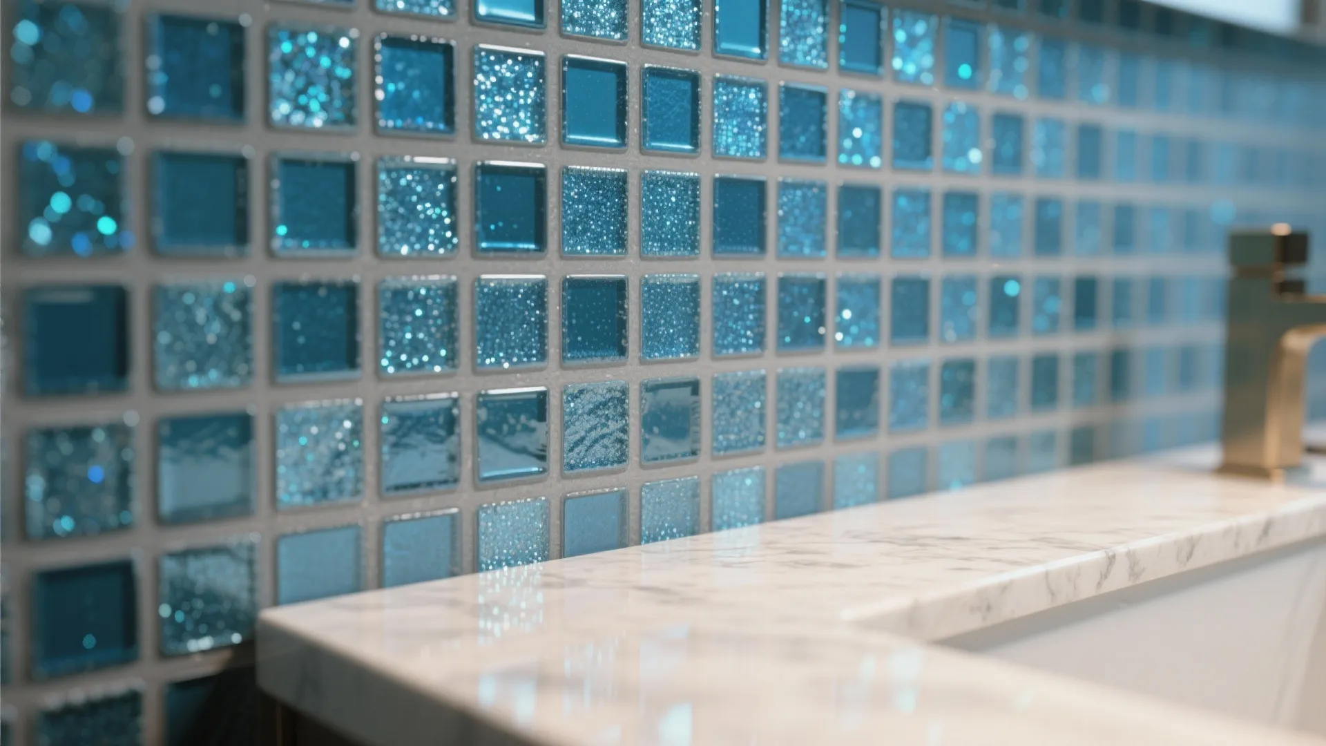 Close-up of blue mosaic tiles with mid-gray grout behind a quartz vanity