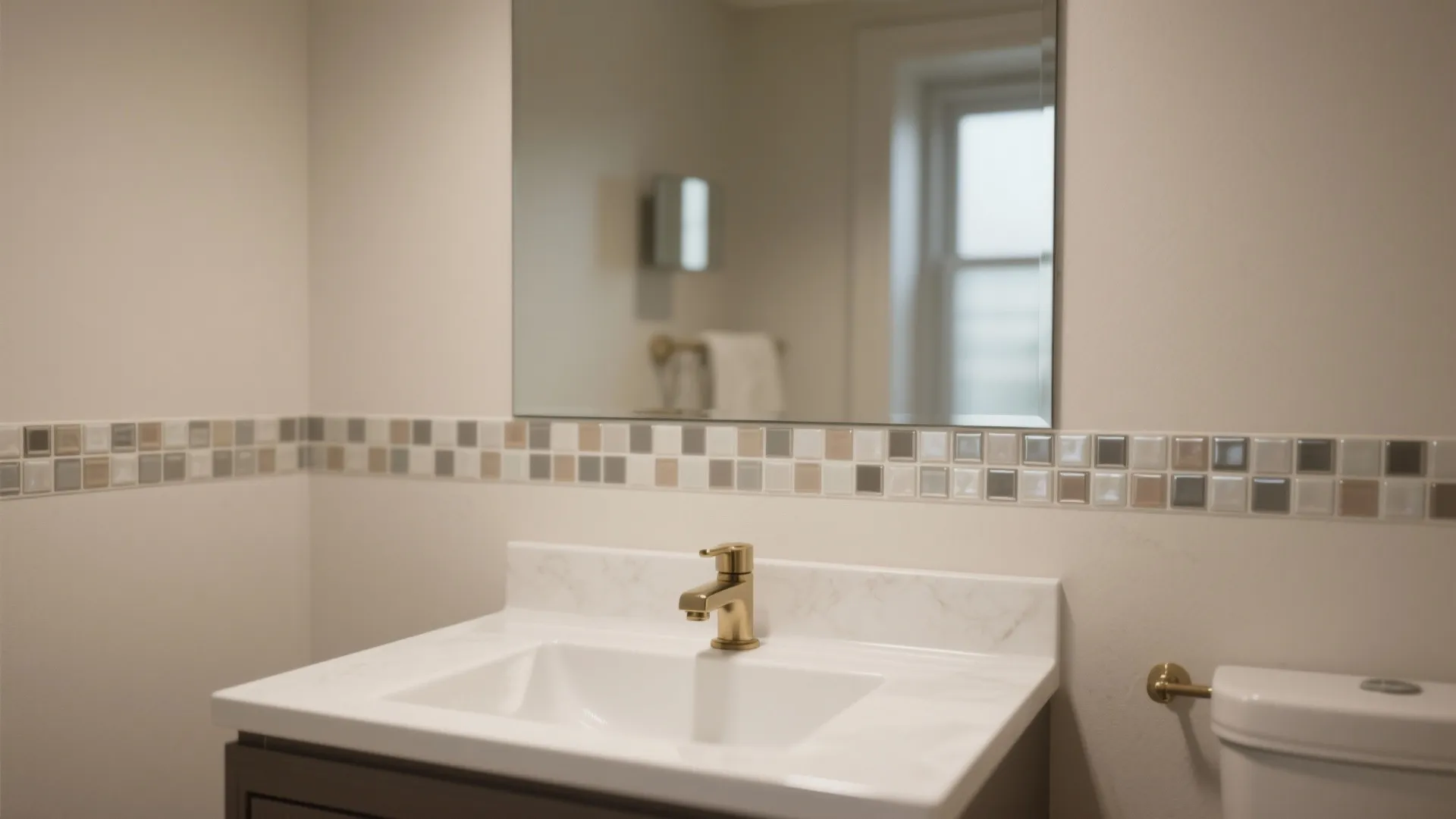 Minimalist peel-and-stick mosaic accent behind the vanity
