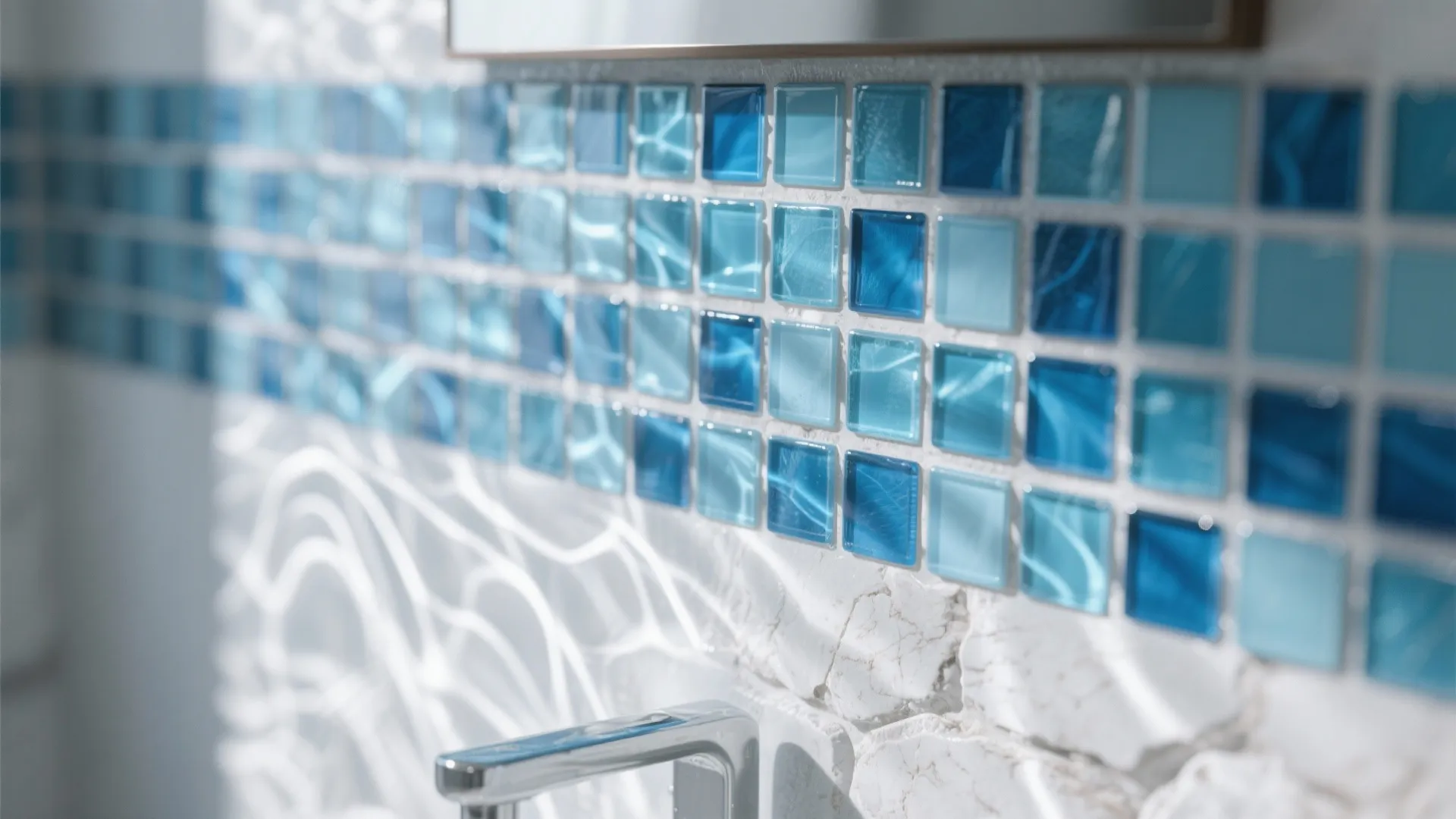 Blue square wall tiles featuring water ripple light reflections above a modern chrome metal faucet