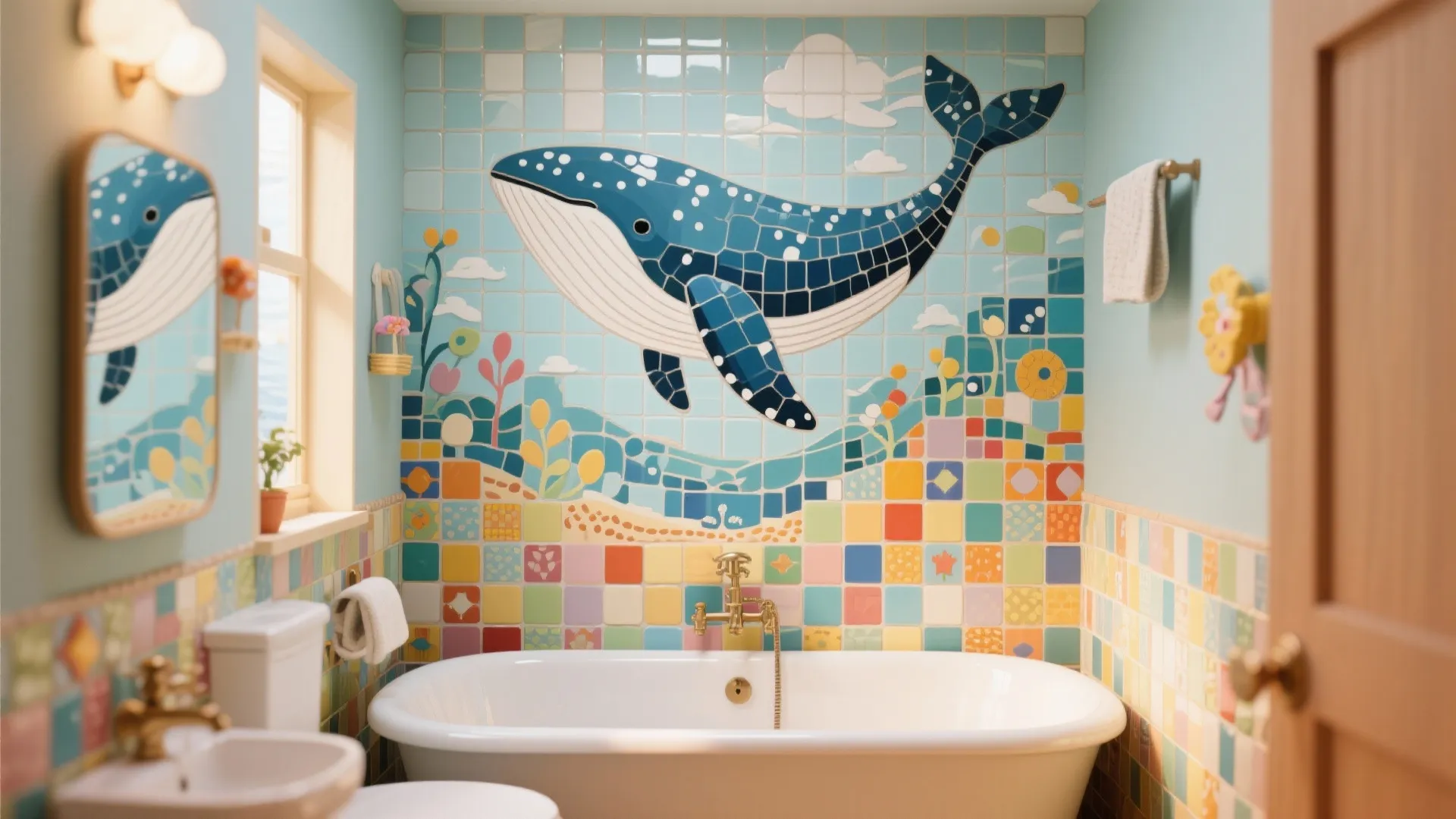 Colorful kid bathroom featuring blue whale mosaic wall art above a white bathtub with gold fixtures