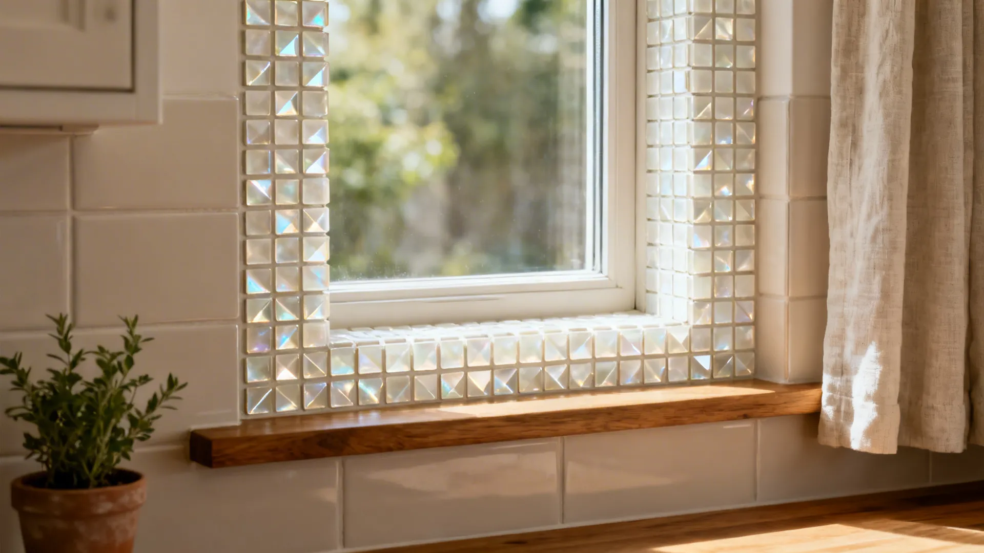 Window framed with pearly beveled 3D mosaic border in a small kitchen.