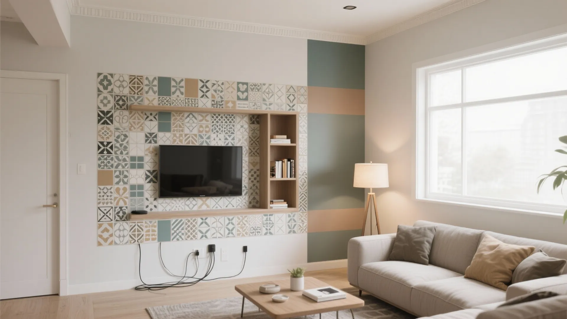 Mosaic accents that frame zones and hide cable chaos