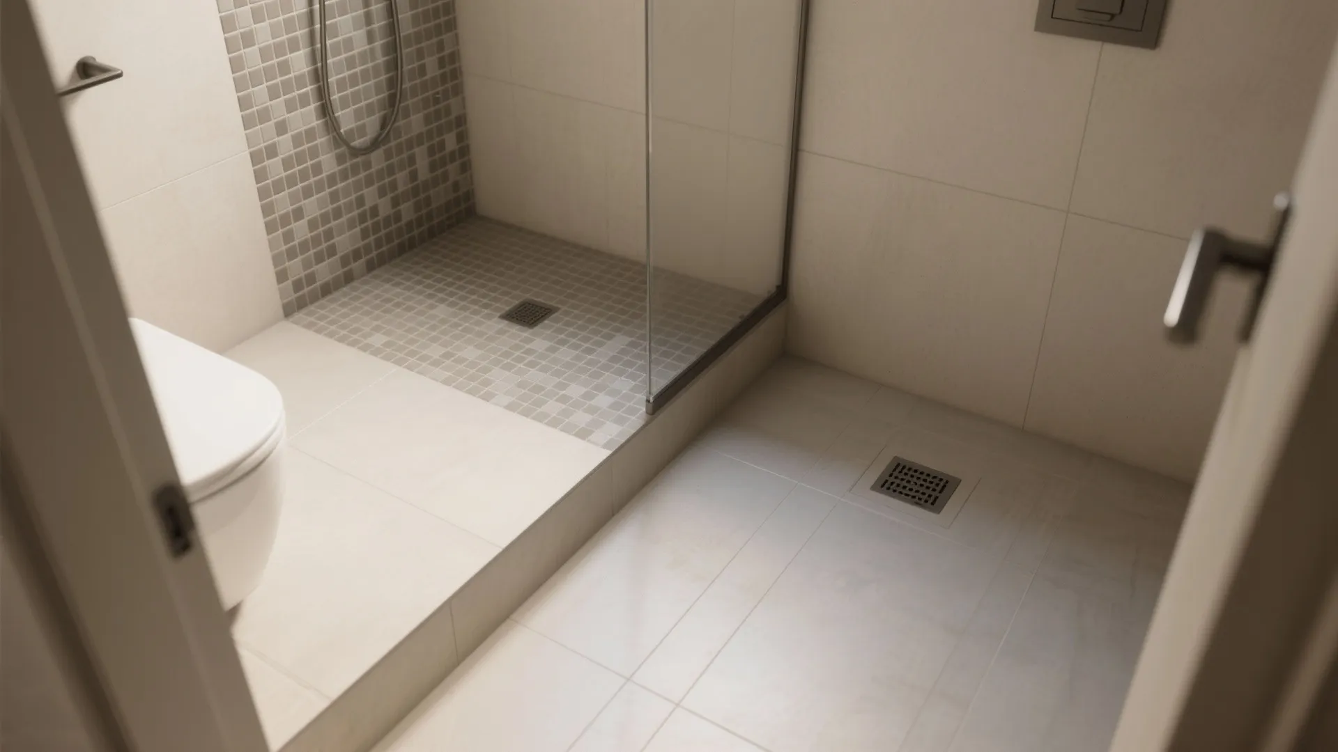 Matte R11 porcelain in the dry zone transitions to a 2x2 mosaic shower floor in a small bathroom.