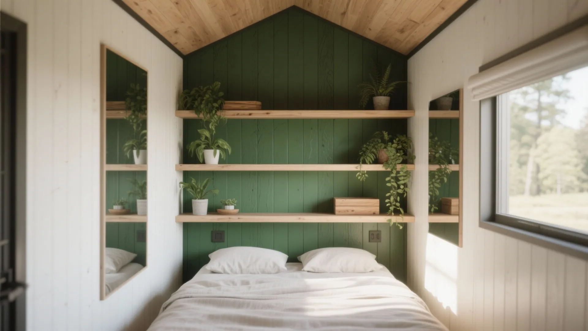 Small bedroom featuring green wood wall panel and open shelves with many green indoor plants