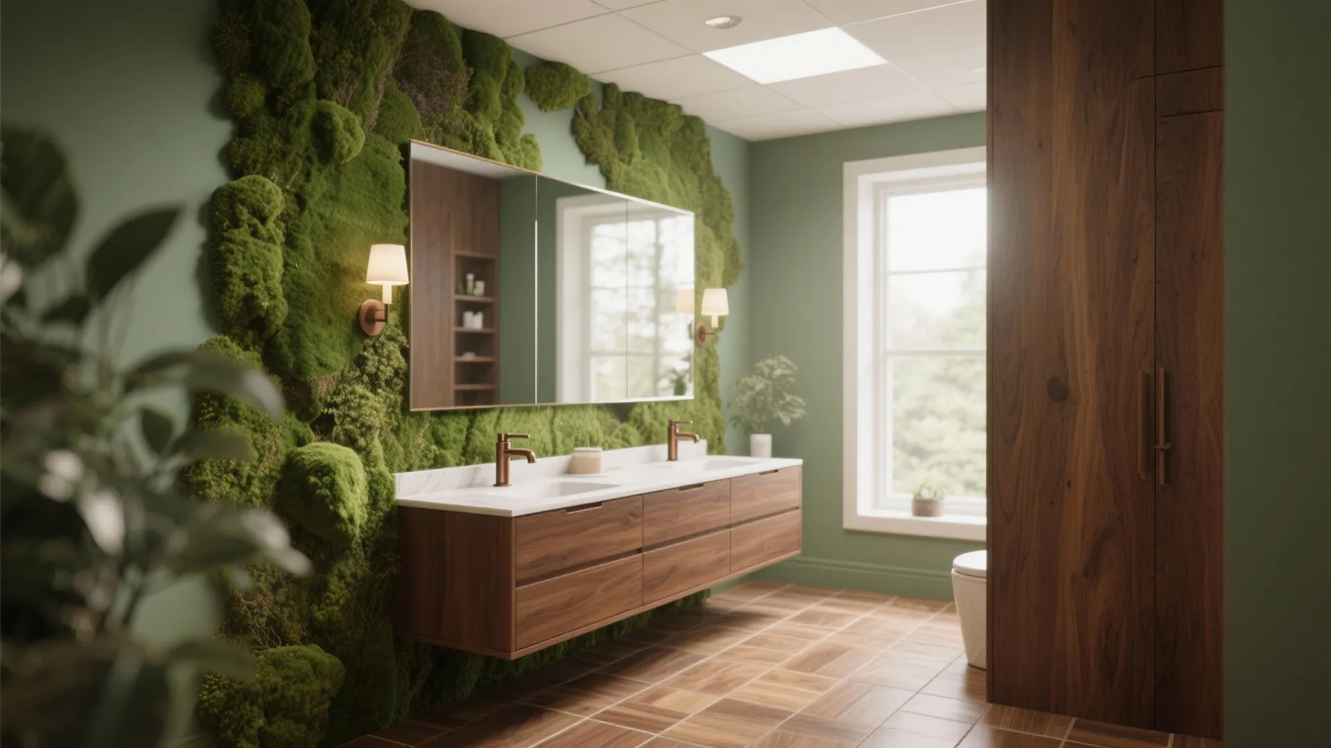 1. Mossy Accent Wall with Warm Wood