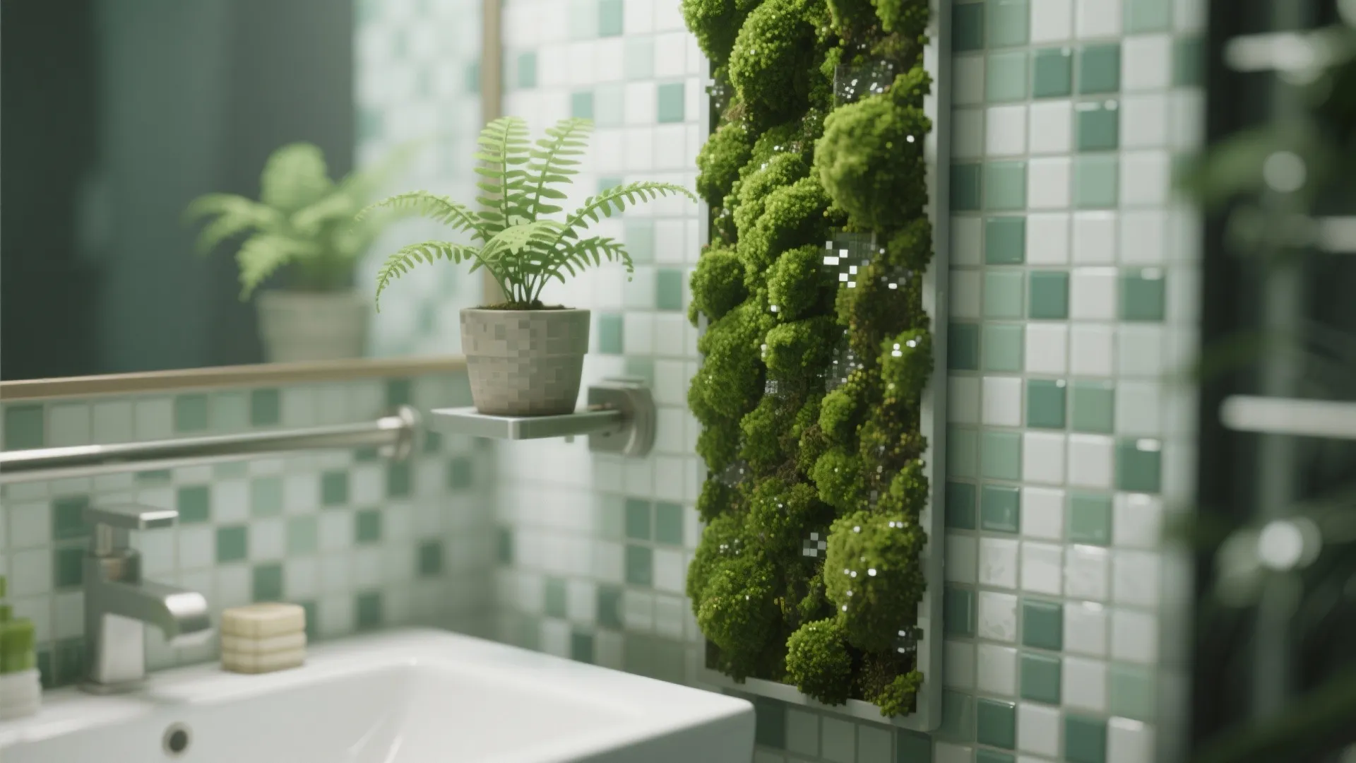 Green moss wall panel next to white sink with small potted plant on metal wall shelf