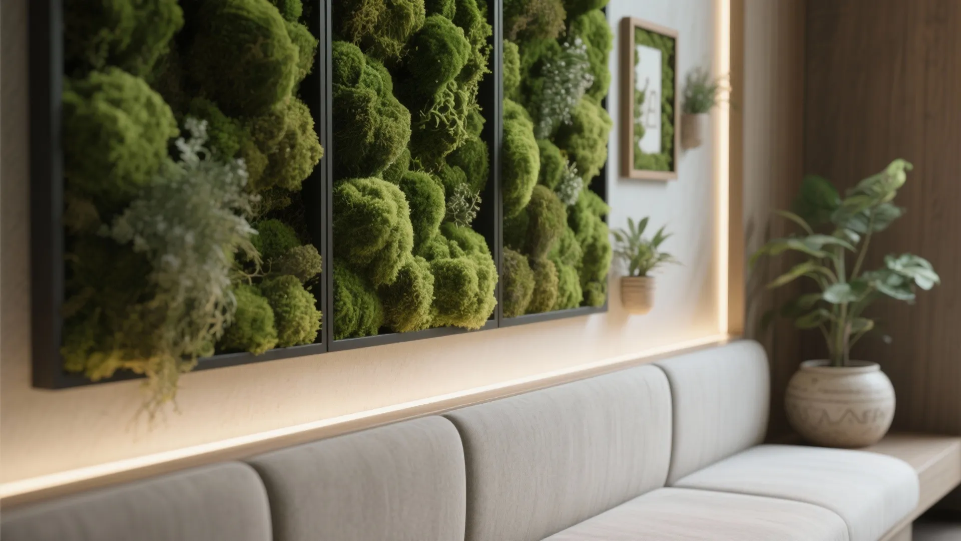1. Living moss accent behind a slim banquette