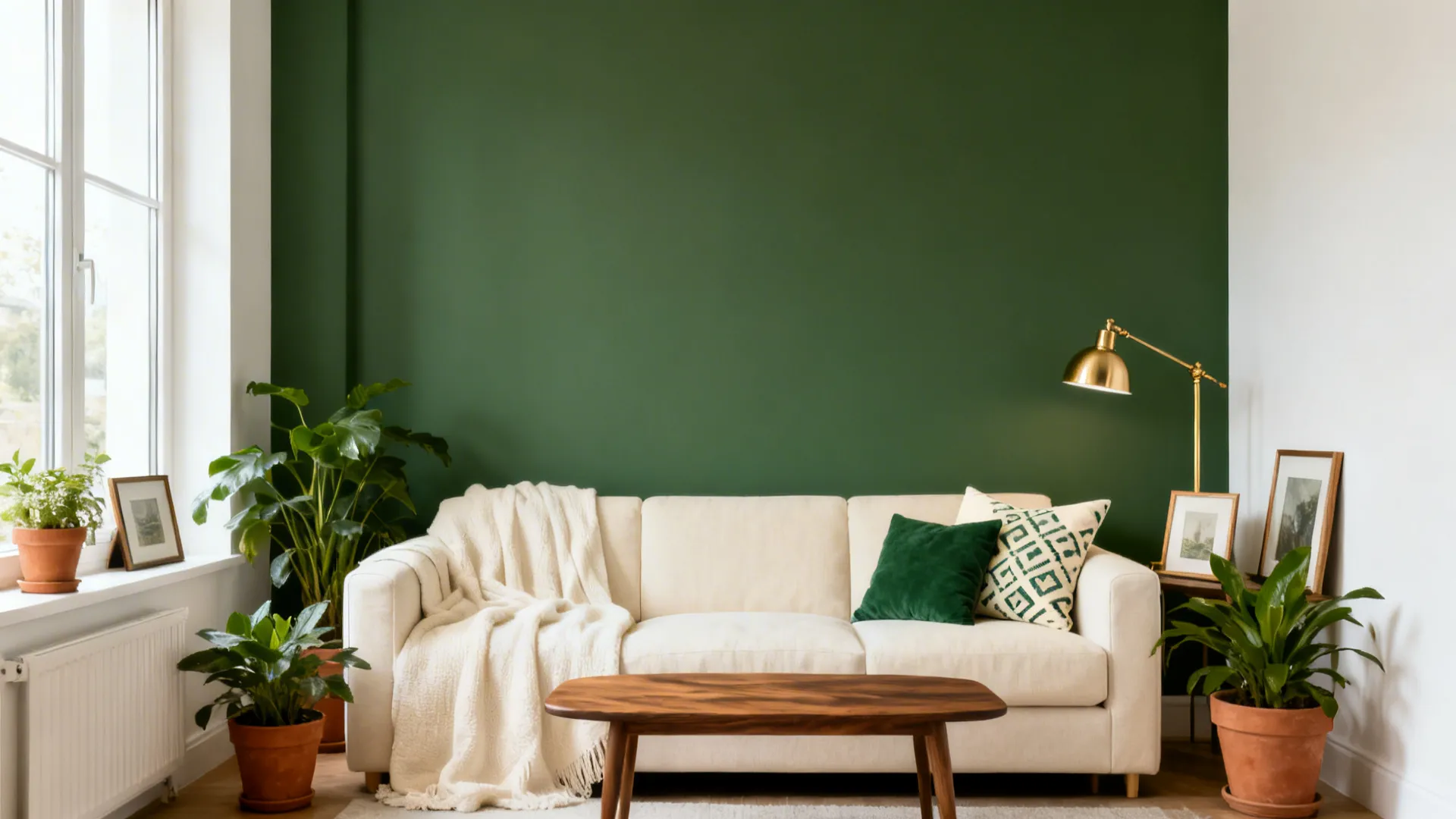 Moss-green feature wall with bone-white surroundings, brass accents, and cream textiles in a bright living room.