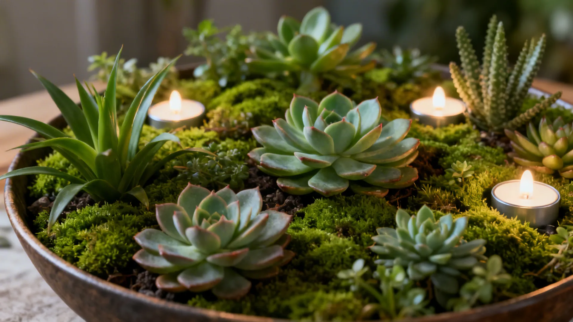Low moss bowl with succulents and integrated LED tea lights as a living centerpiece.