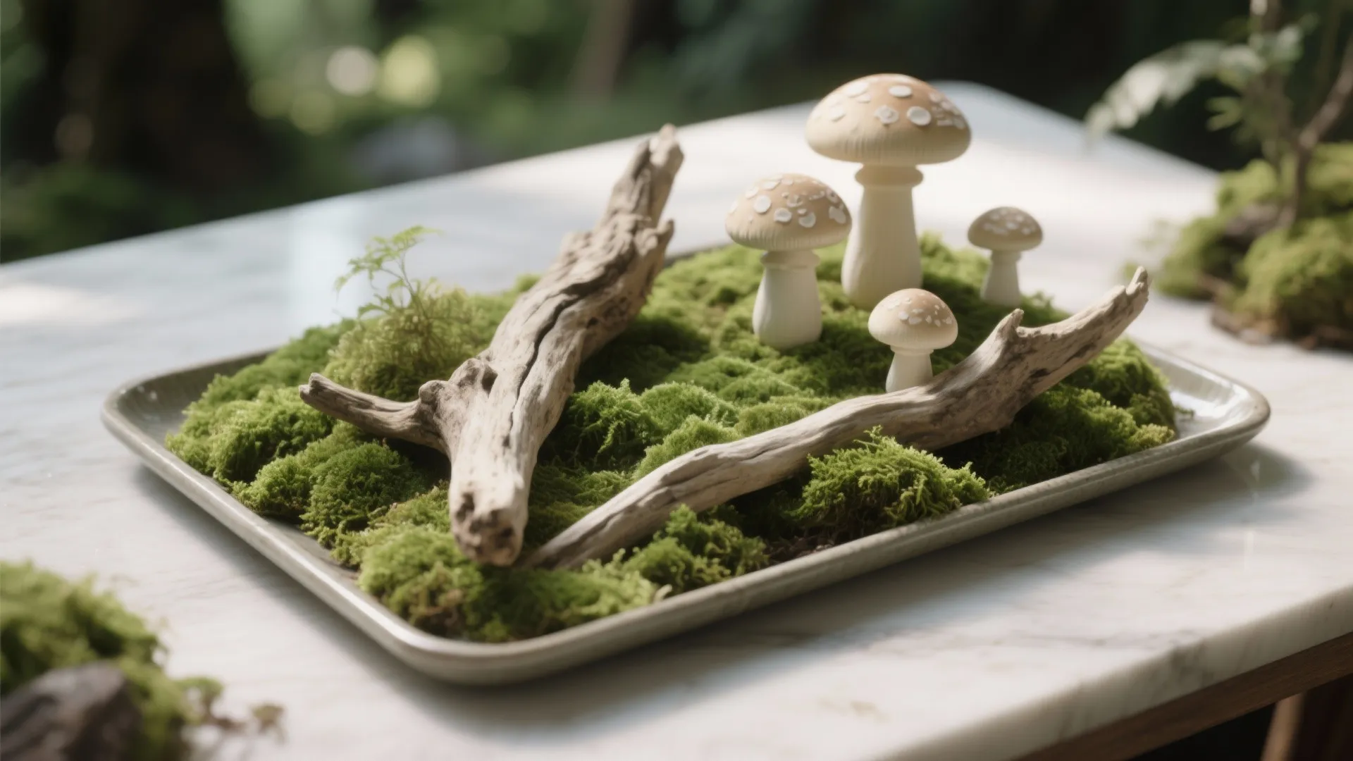 Decorative tray with green moss and wood pieces holding four small white and tan mushrooms