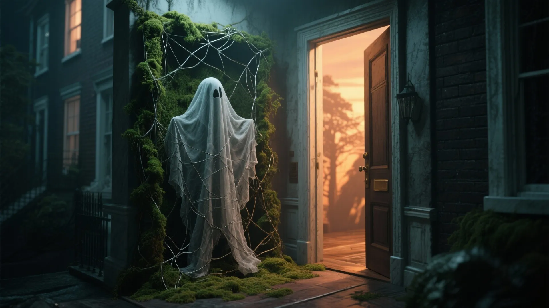 Halloween front door decoration with a white ghost figure, green moss, and a glowing doorway