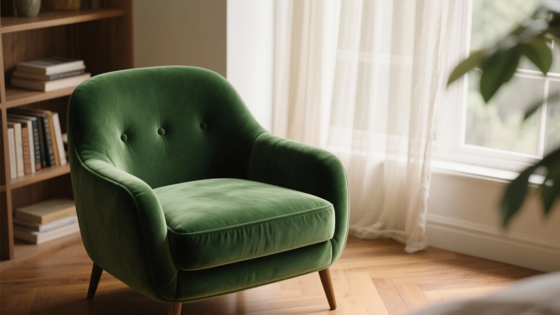 Green chair with wooden legs placed near a wooden bookshelf and window with white curtains