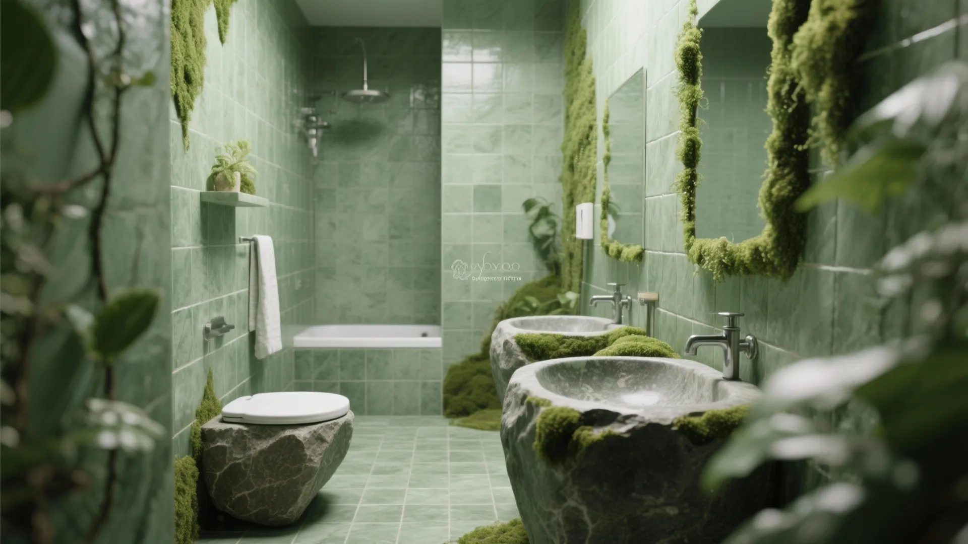 Natural green tiled bathroom featuring stone sinks with green moss decor and a white bathtub