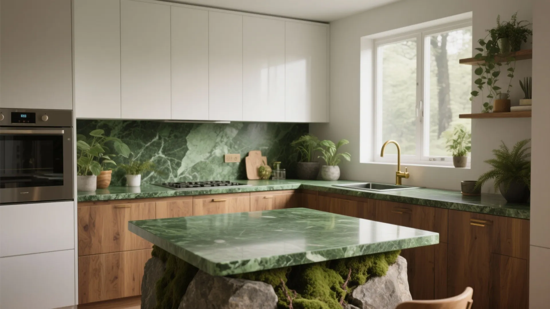Modern kitchen featuring green marble counters white cabinets wooden drawers and a natural stone island base