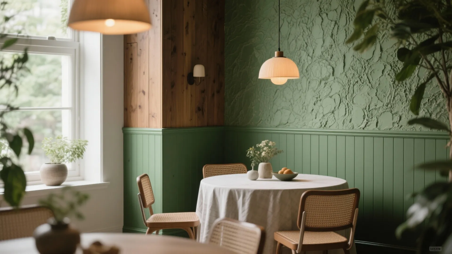 Dining room with green wall panel textured wallpaper round table wooden chairs and hanging ceiling light
