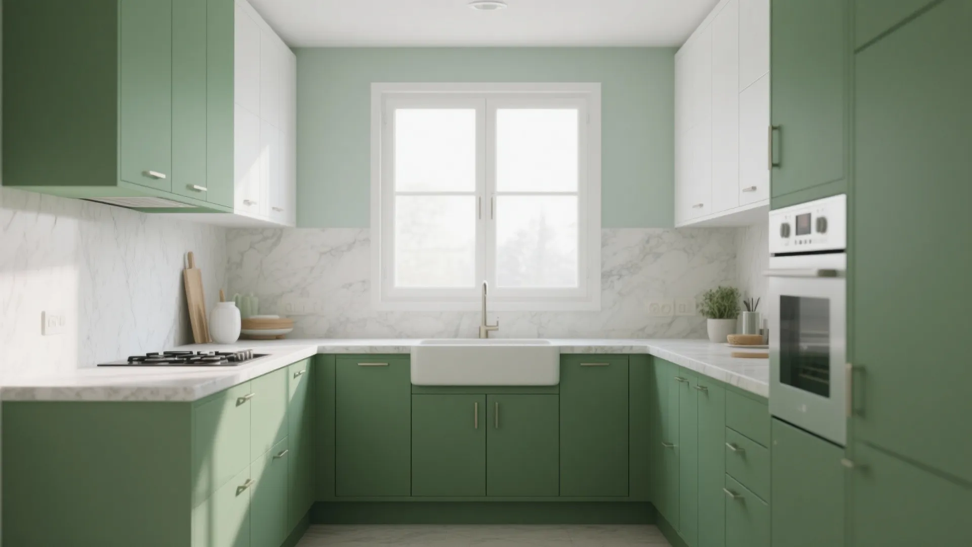 3. Moss green lower cabinets, white uppers