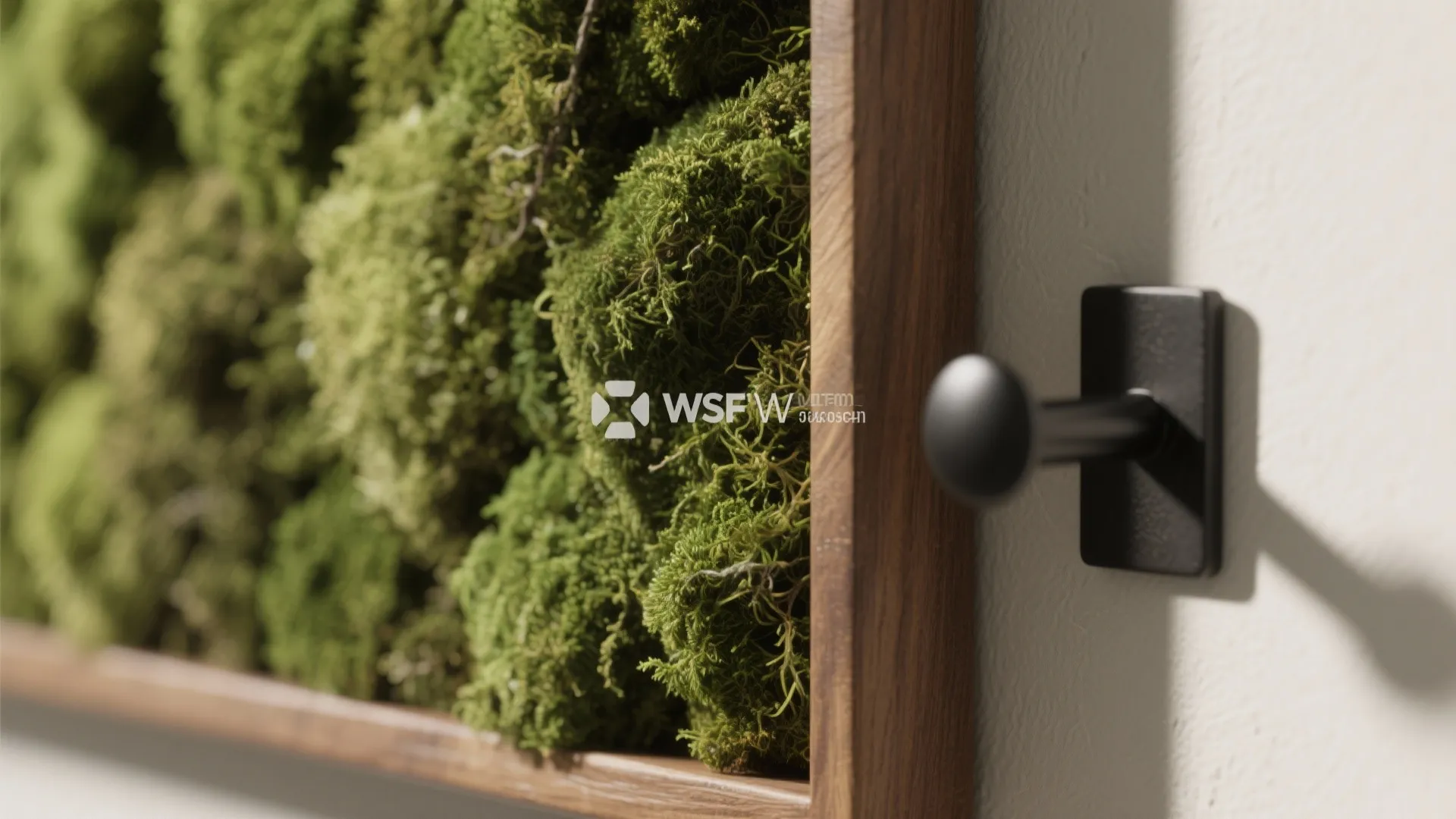 Close up view of green moss in a wood frame hanging on a white wall